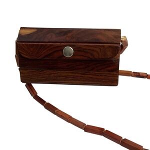 Vintage 70s Wooden Slat Shoulder Bag Small Size Lined‎ Snap Button Boho EUC